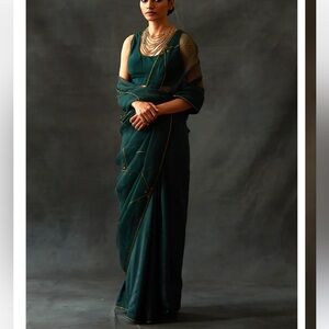 New designer Indian Pakistani silk with organza with gold hand embroidered Saree